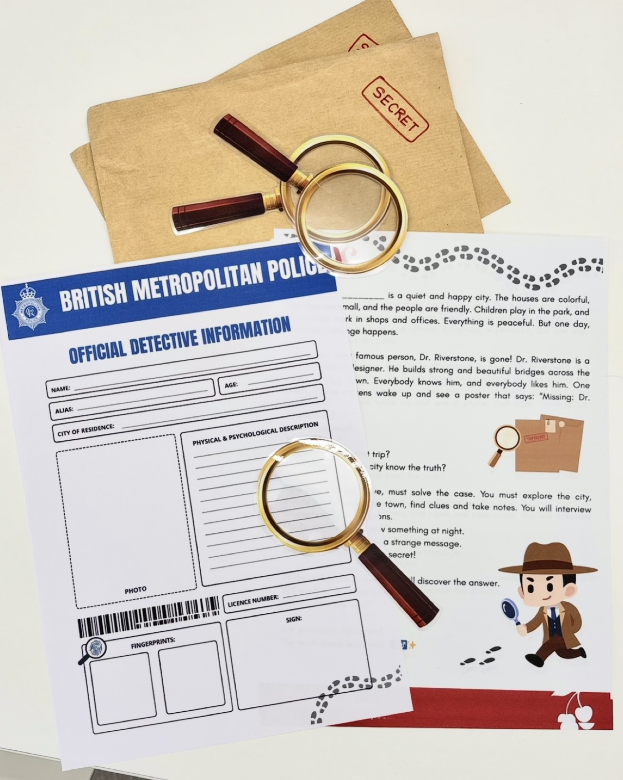 Materiales de una actividad de detectives
